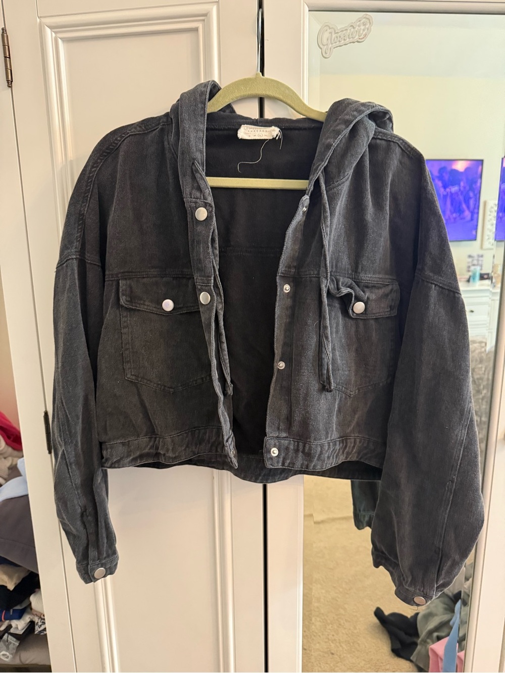 Cropped Hooded Denim Jacket in Washed Charcoal
